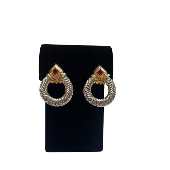 Vintage 80’s Twist Silver/Gold Tone Cable Door Knocker with Red Stone Earrings - Picture 1 of 7